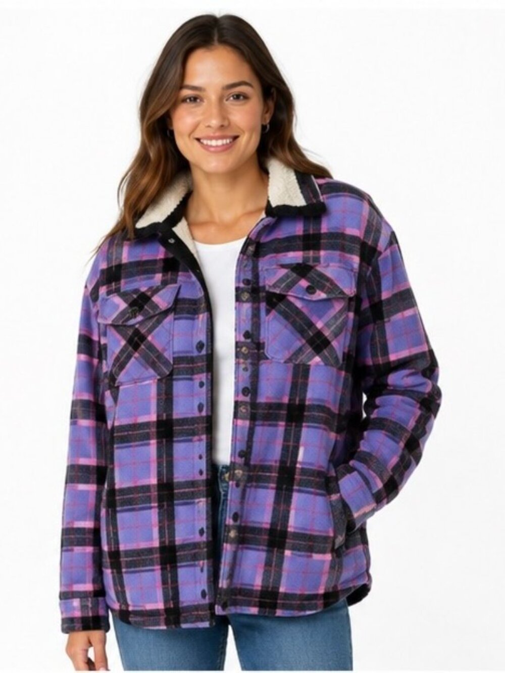 Sage Collective Plaid Sherpa-Lined Fleece Shacket – Size Small